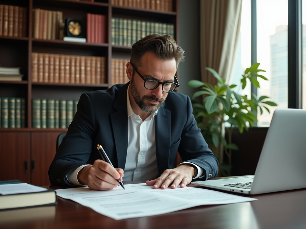 A focused businessman signs documents at his desk with a laptop, surrounded by bookshelves in an office.