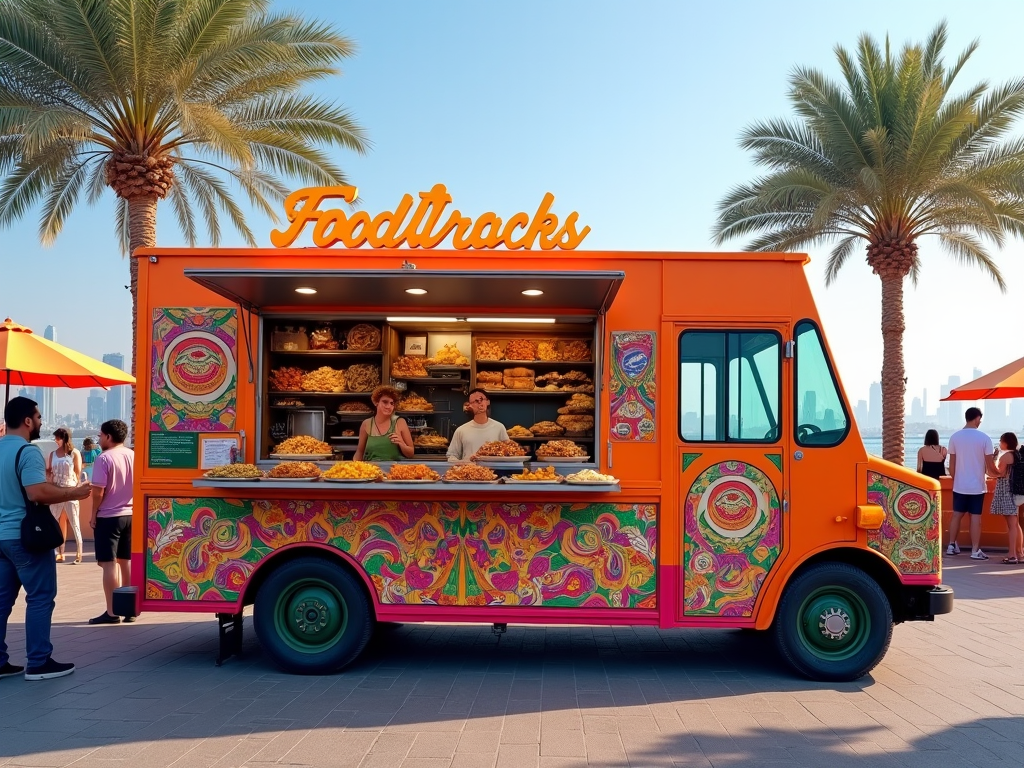 Colorful food truck named "Foodtracks" with two servers, selling bakery items under palm trees.