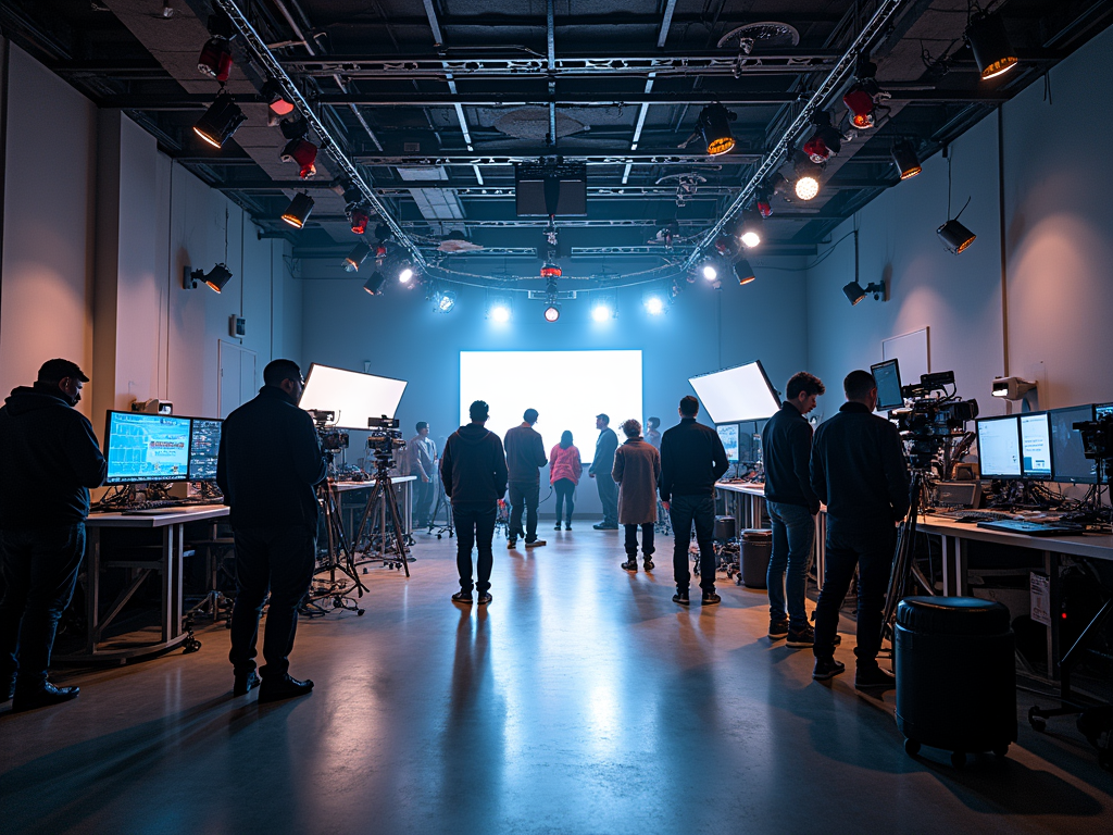 Film crew and equipment in a studio with lights aimed at a screen, evoking a pre-production ambiance.