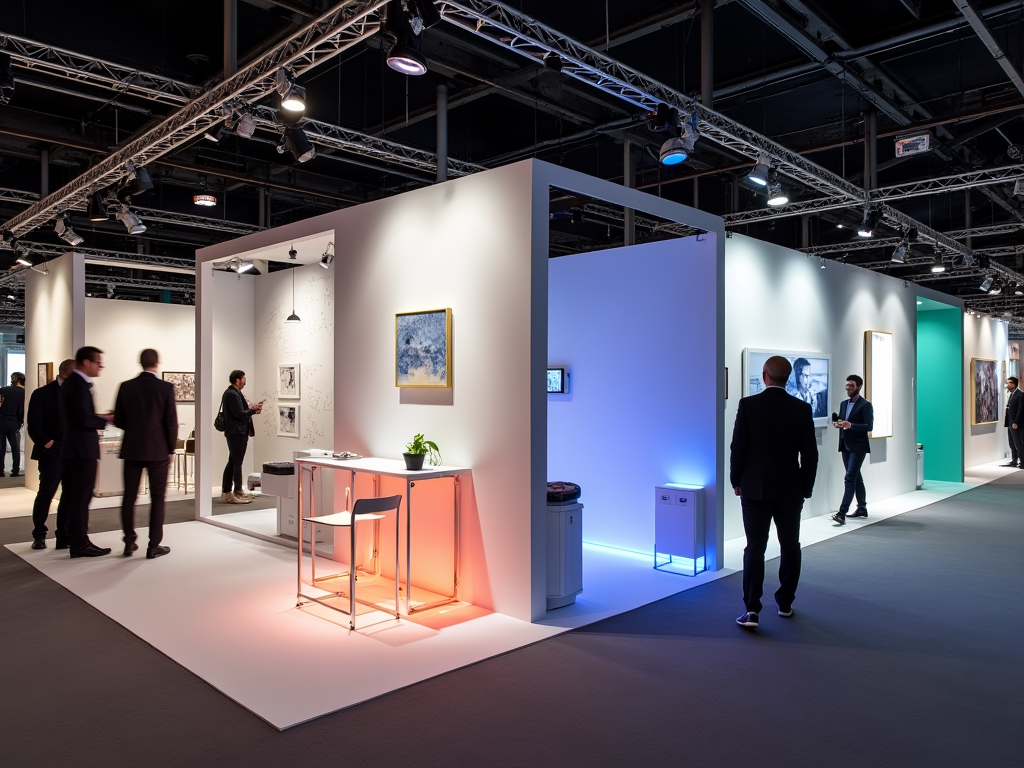 A modern exhibition hall with art displays and visitors engaged with art pieces and booths.