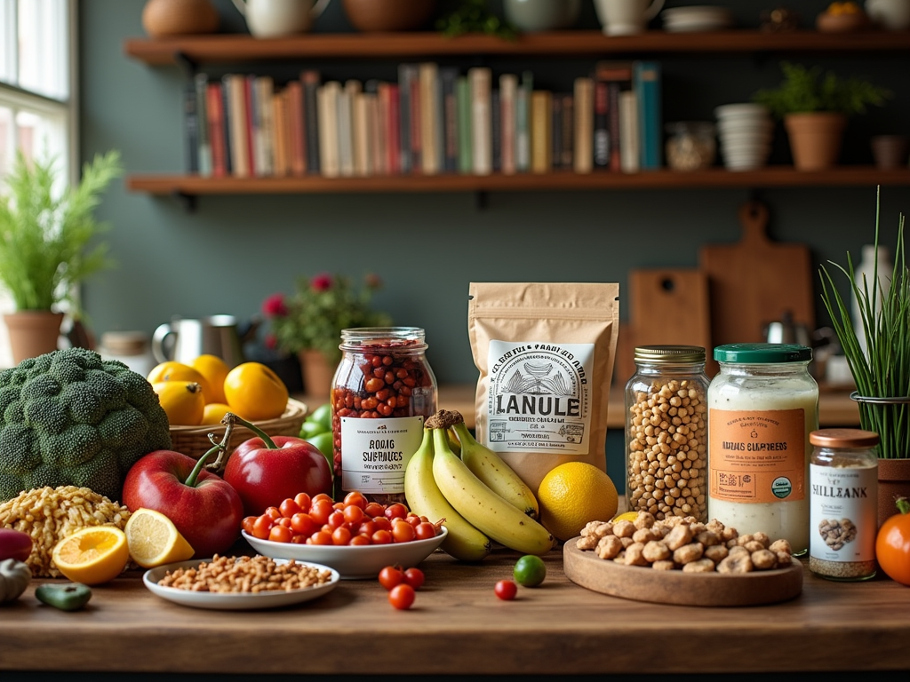 A vibrant arrangement of fresh fruits, vegetables, jars, and snacks on a wooden table in a cozy kitchen setting.