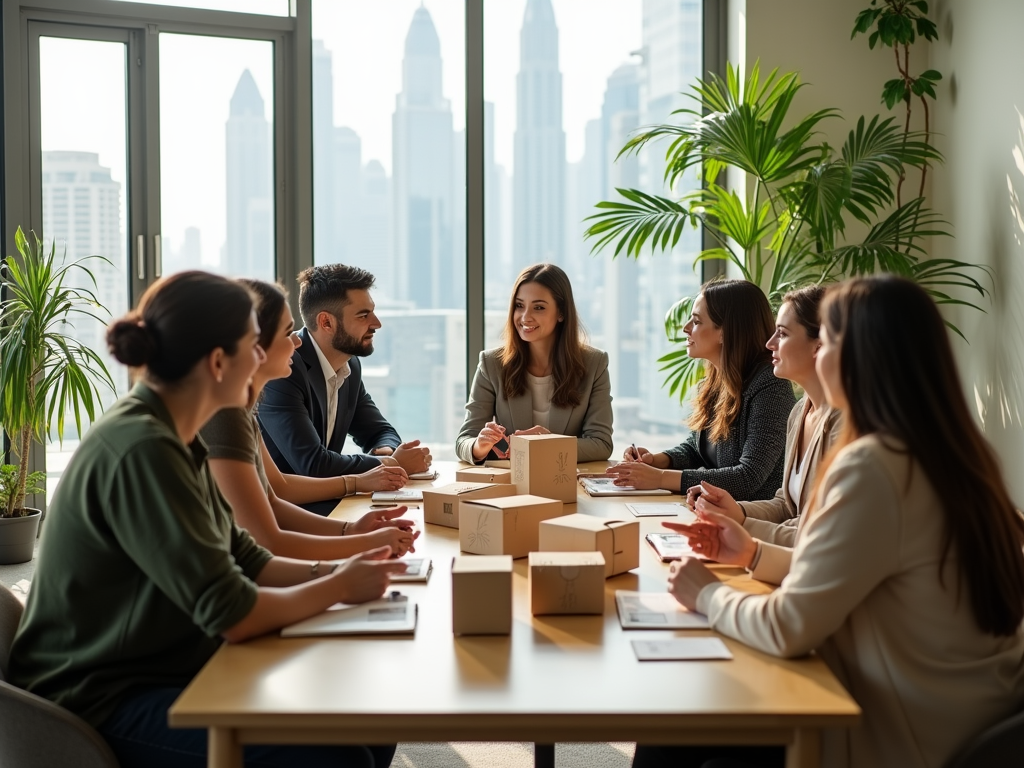 A diverse group in a meeting, discussing ideas around a table with boxes, against a city skyline backdrop.