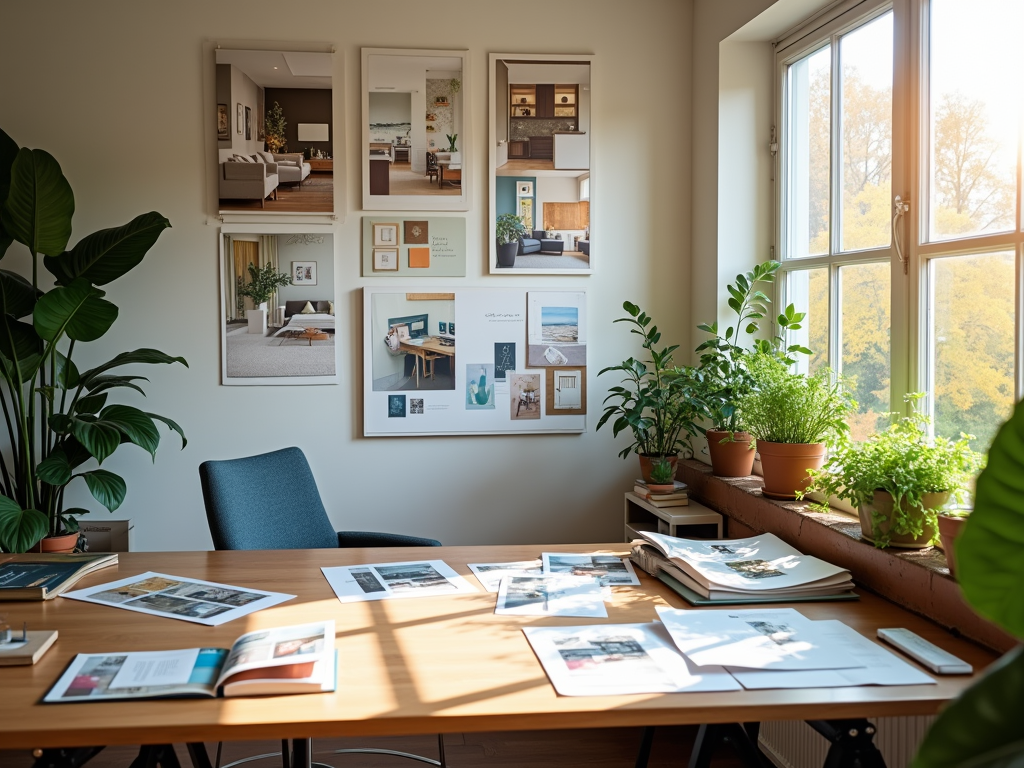 A sunlit workspace with plants, a desk covered in design magazines, and framed photos on the wall.