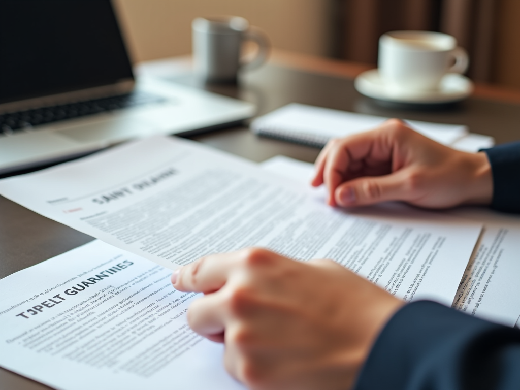 Person reviewing documents at a desk with a laptop and coffee cup in the background.