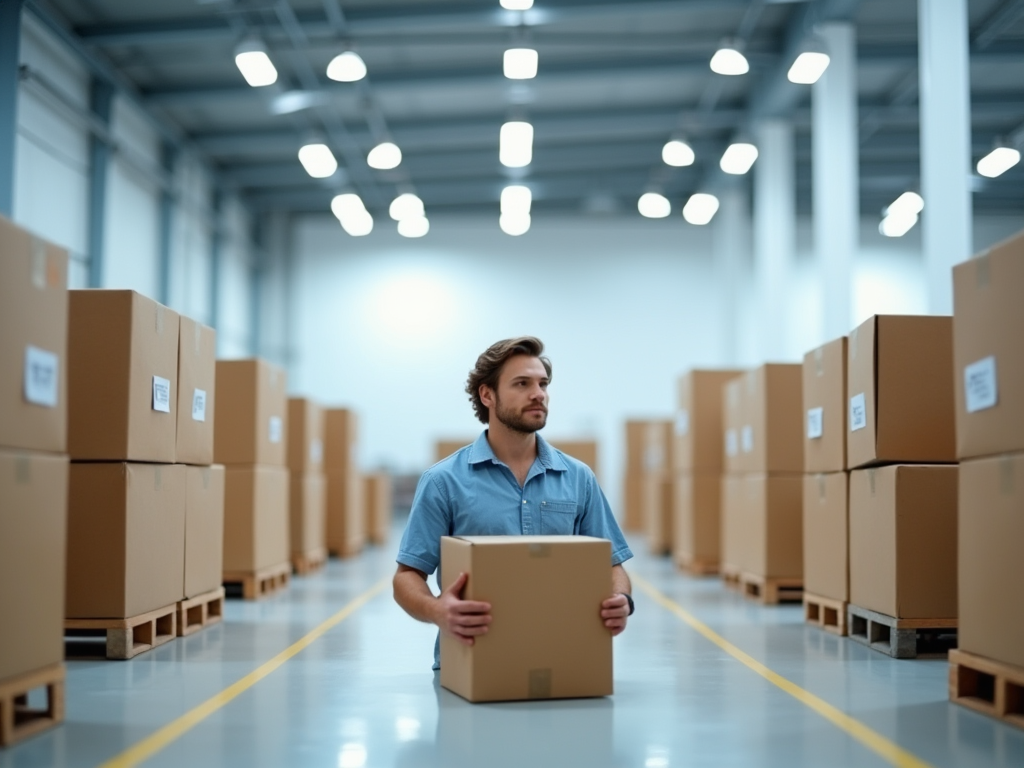 Man in blue shirt carrying a box in a warehouse full of cardboard boxes.