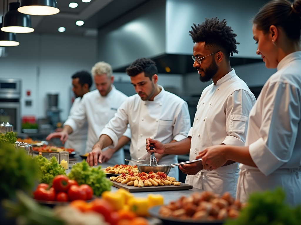 Diverse team of chefs preparing dishes in a modern commercial kitchen.