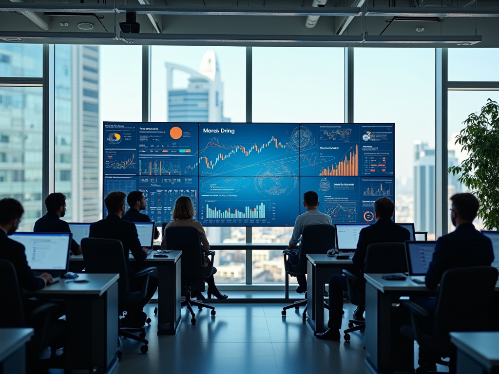 Professionals analyzing data on large screens in a modern office with cityscape view.