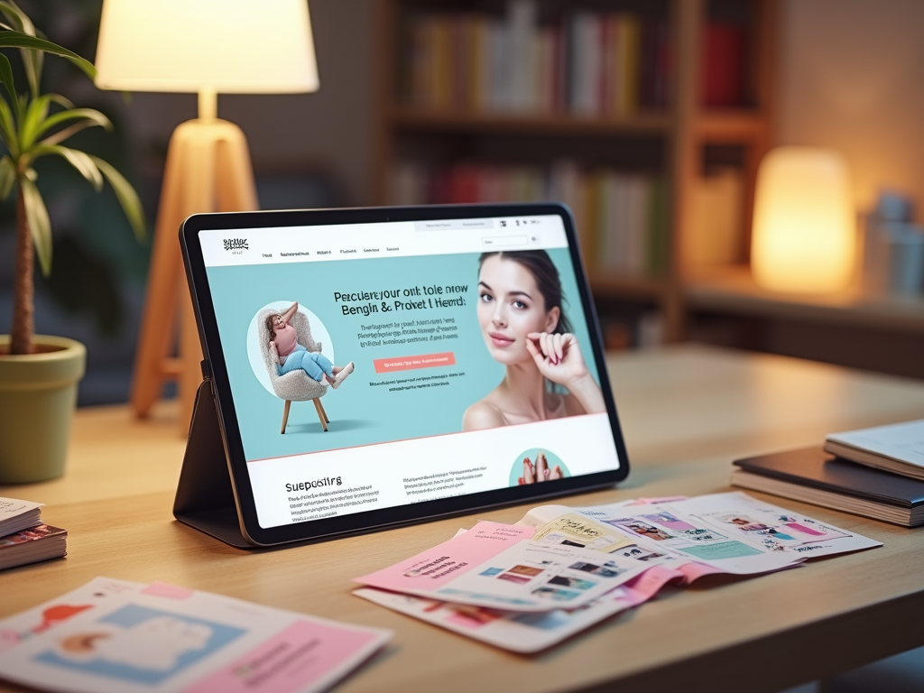 A tablet displaying a beauty website, surrounded by colorful brochures on a wooden table with a plant nearby.