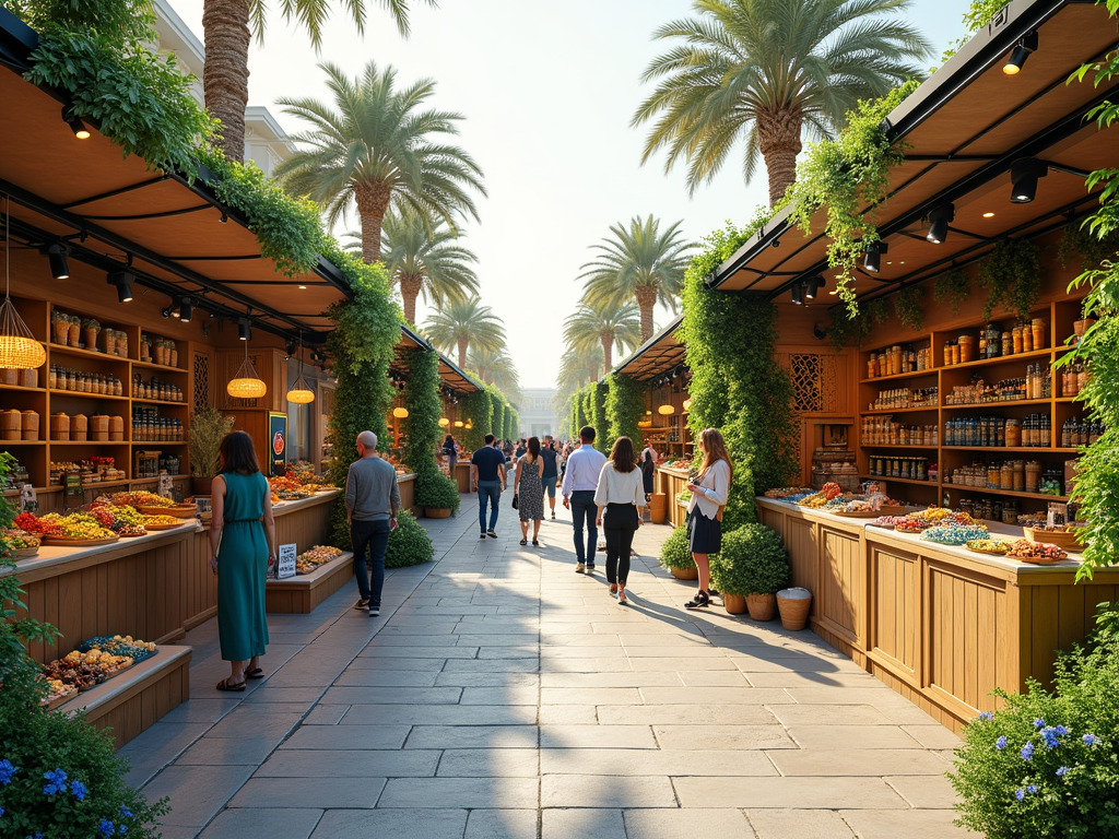 A vibrant market scene with wooden stalls, palm trees, and people browsing various colorful displays of food and goods.