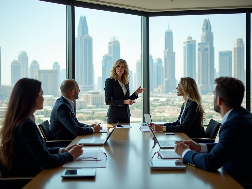 Woman presenting to colleagues at a conference table, city skyline in background.