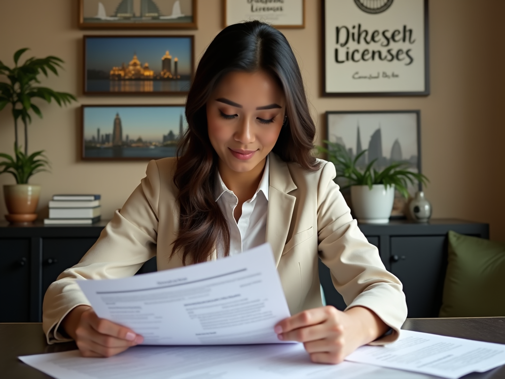 Woman in beige blazer reading documents at an office desk, paintings on wall behind.