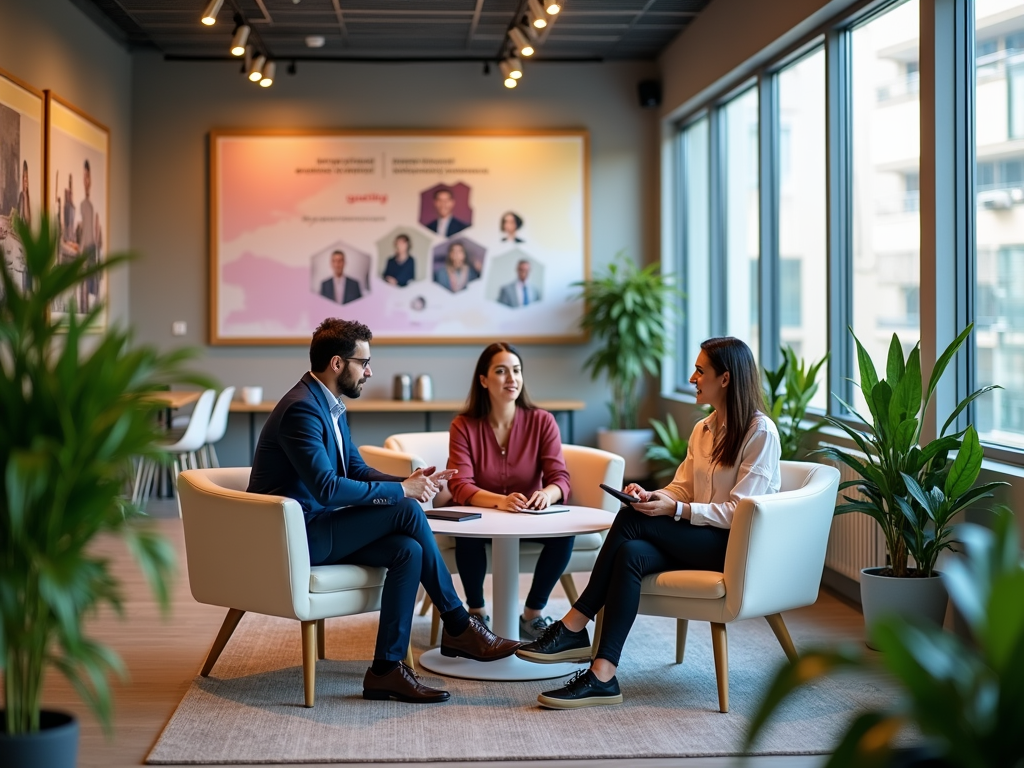 Three business professionals conversing in a modern office lounge with green plants and large windows.