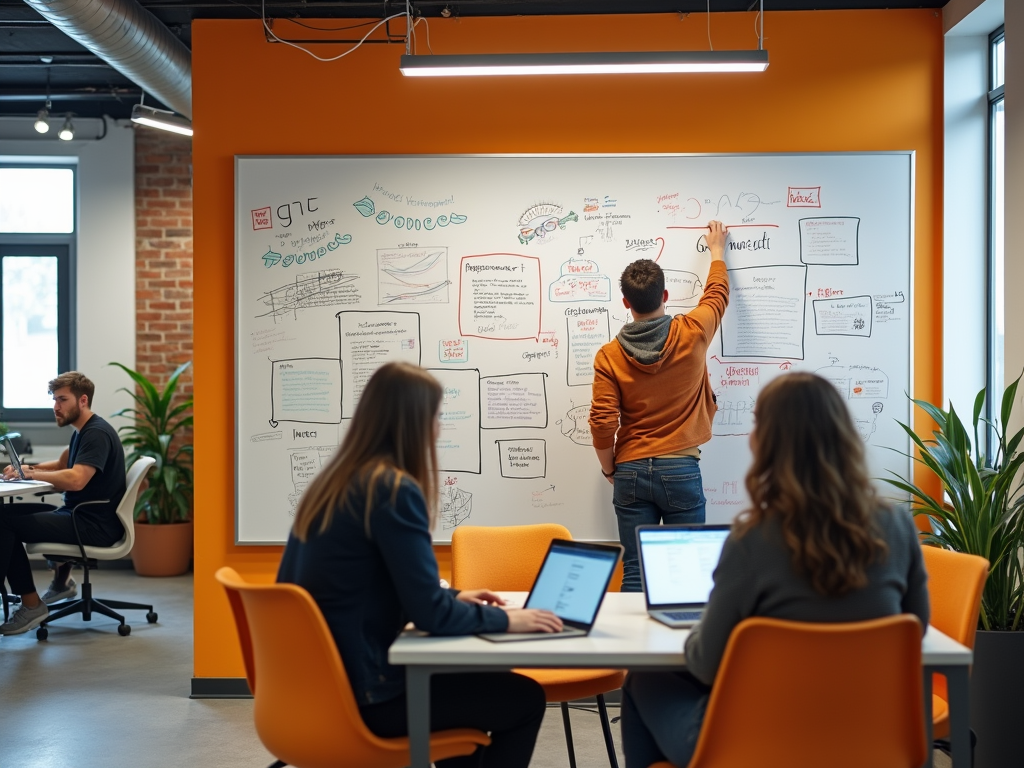 People in a modern office collaborating around a large whiteboard covered in notes and diagrams.