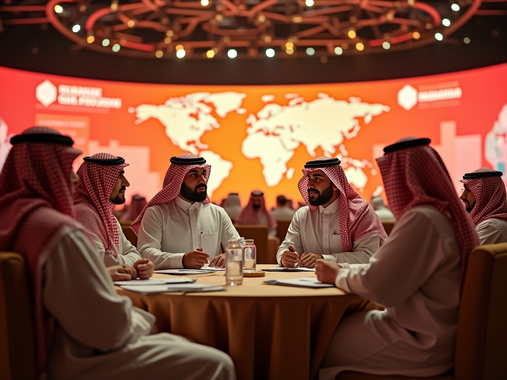 Men in traditional attire discussing at a conference table with a global map backdrop.