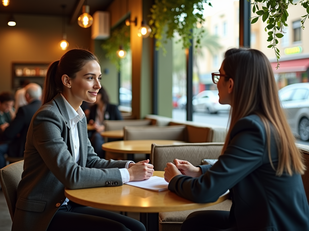 Two women in business attire having a discussion at a cafe table, with a pleasant and focused expression.