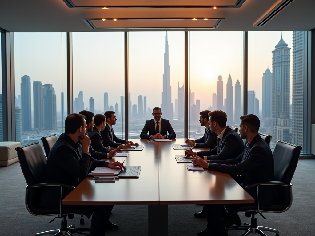 A boardroom meeting with eight professionals in suits, overlooking a city skyline at sunset.