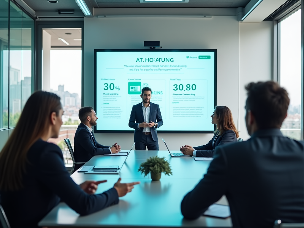 A business presentation in a modern conference room with a speaker addressing an audience, featuring a screen with data.