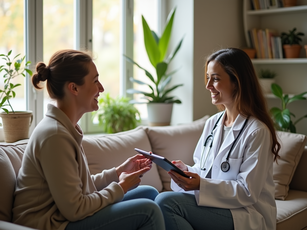 A doctor in a white coat smiles as she consults with a patient in a cozy setting, sharing information on a tablet.