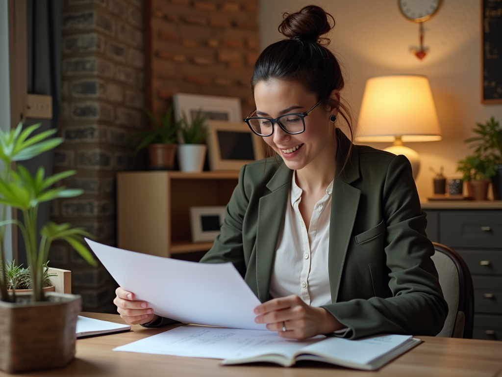 Woman in green blazer smiling while reading documents at a cozy home office.