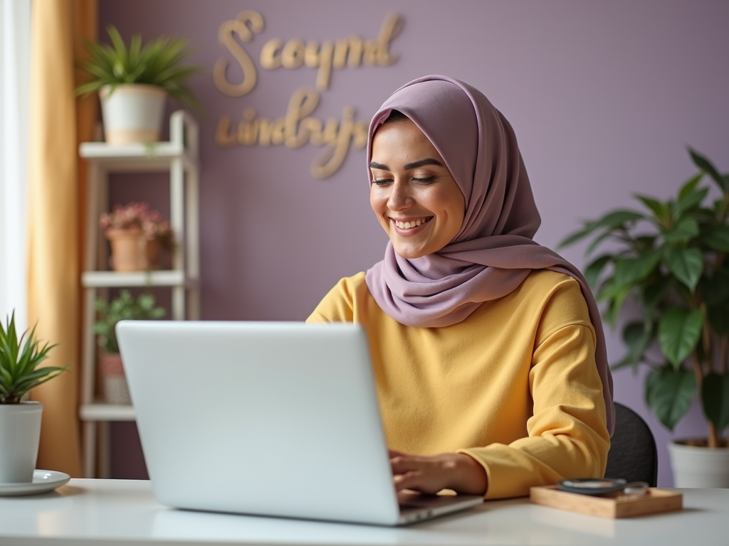 Smiling woman in hijab using laptop at a purple themed desk with decorative plants in background.