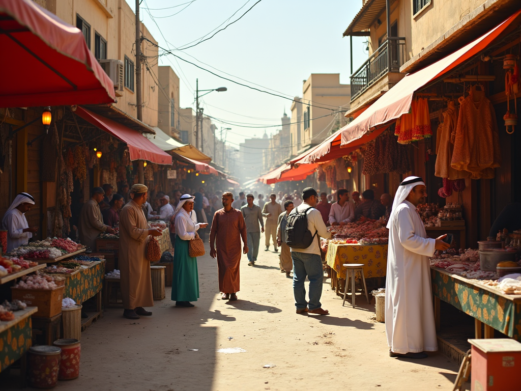 People shopping in a bustling Middle Eastern market, with stalls of food and goods on a sunny day.