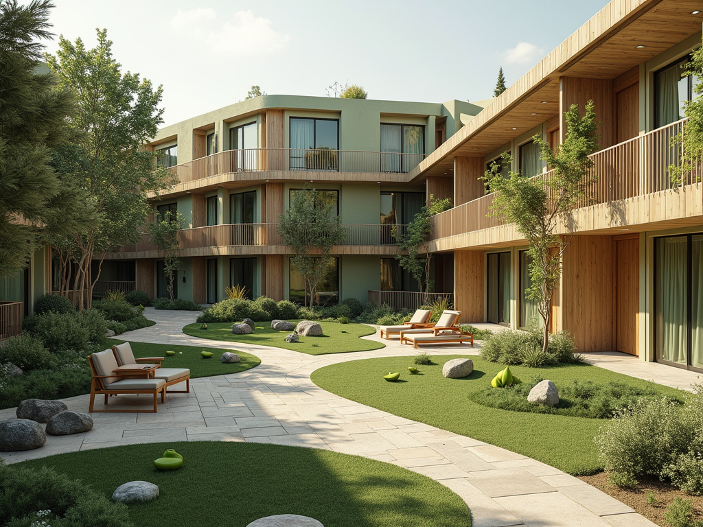 A tranquil courtyard featuring modern buildings, green lawns, lounge chairs, and landscaped plants and stones.