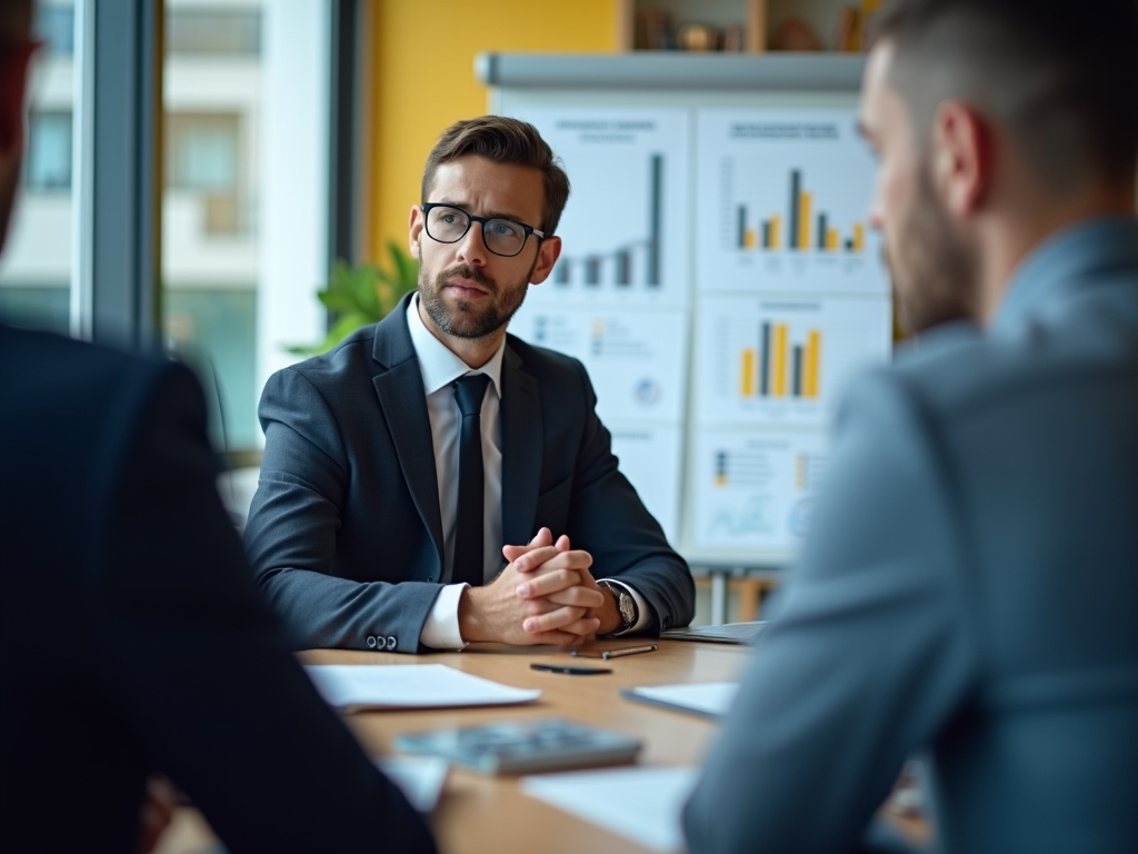 Businessman in glasses discussing charts in a meeting with colleagues.