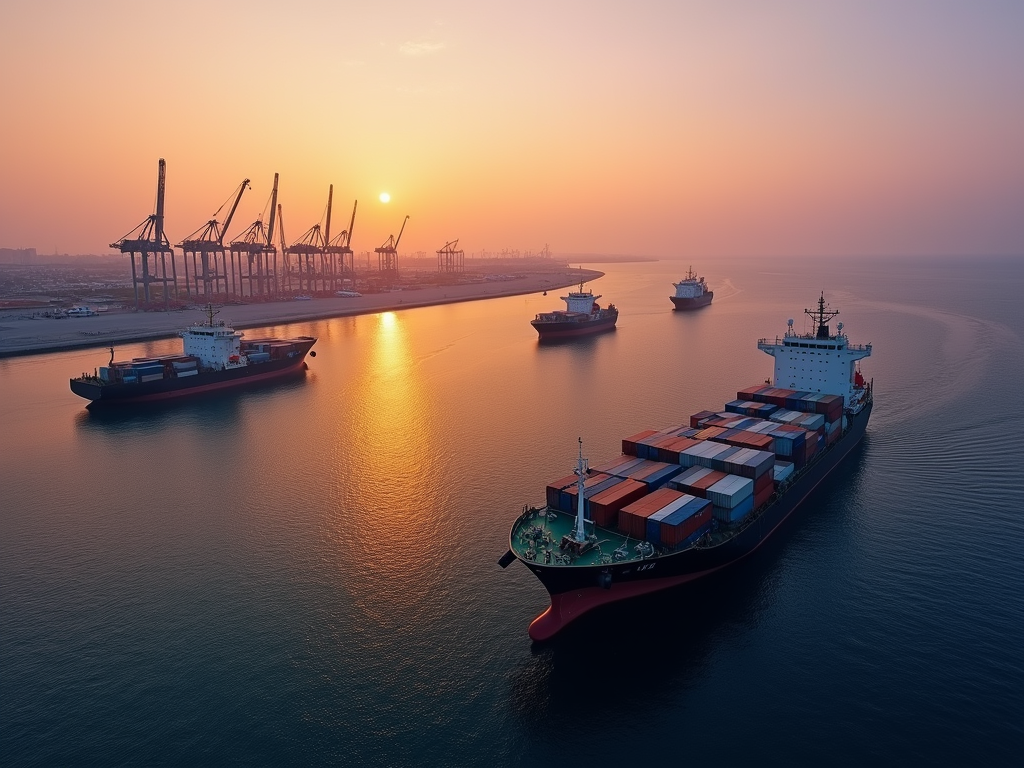 Sunset at a busy port with cargo ships and cranes, reflecting golden light on water.