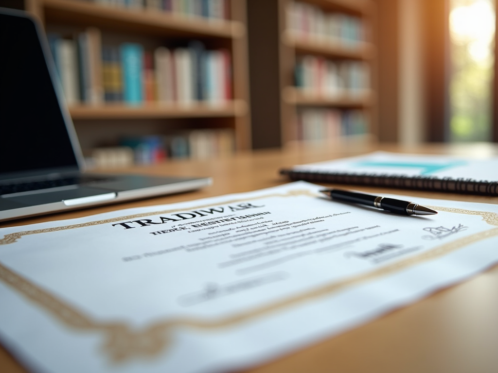 Close-up of a certificate on a desk with a pen and a laptop in a library.