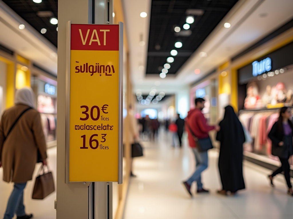 Yellow sign with "VAT" and blurred text, displayed in a busy shopping mall.