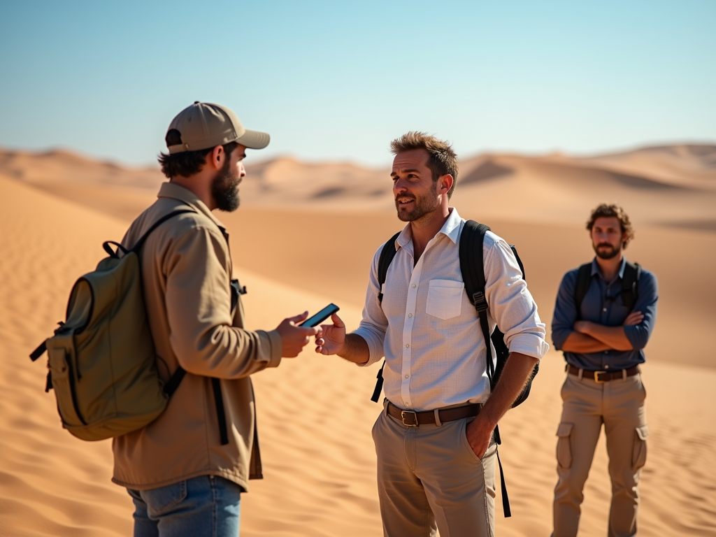 Three men with backpacks conversing in a desert, two engaged in discussion while one observes.