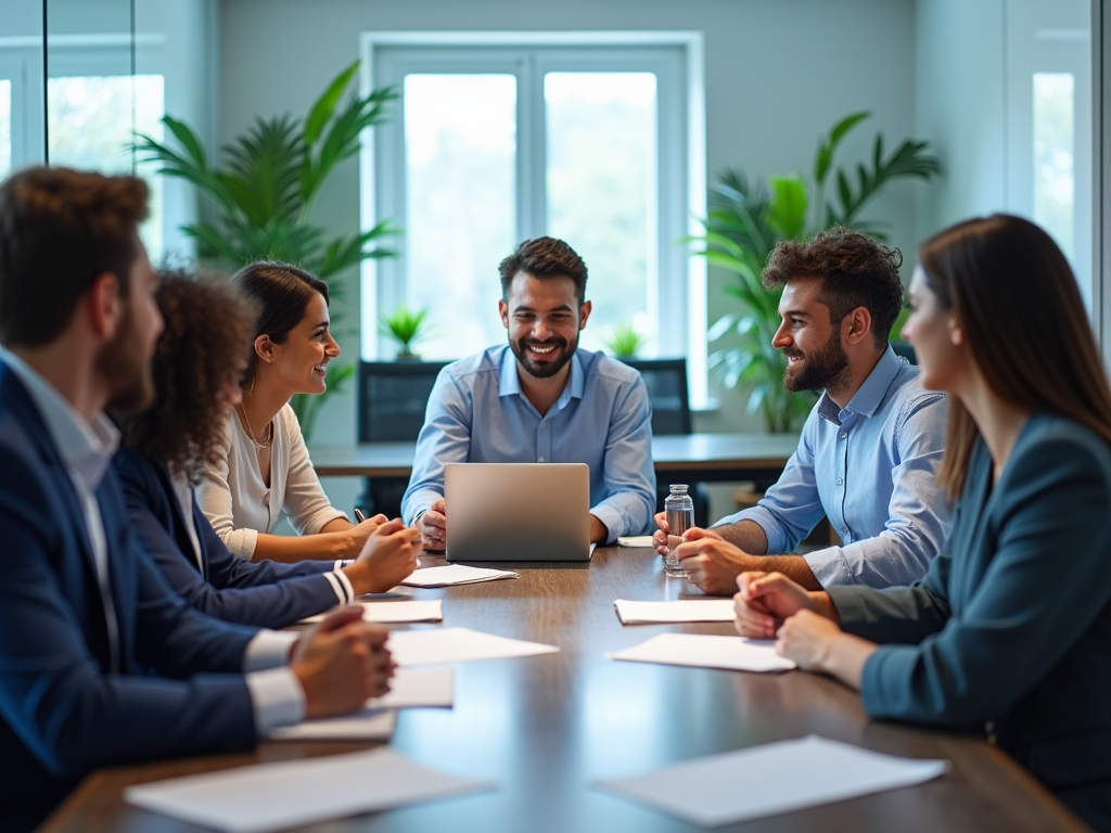 Group of corporate professionals having a friendly discussion around a meeting table in a modern office.