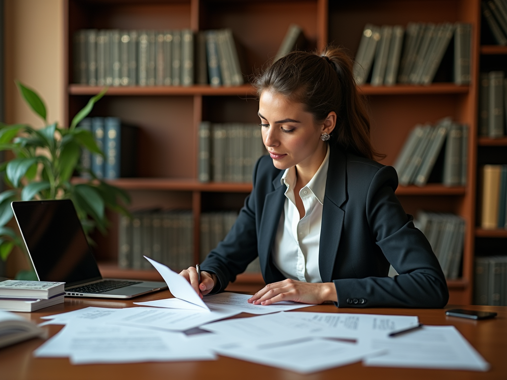 Woman in business suit working with papers and laptop in office with bookshelves.