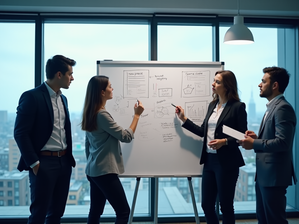 Four business professionals discussing charts and data on a whiteboard in a modern office.