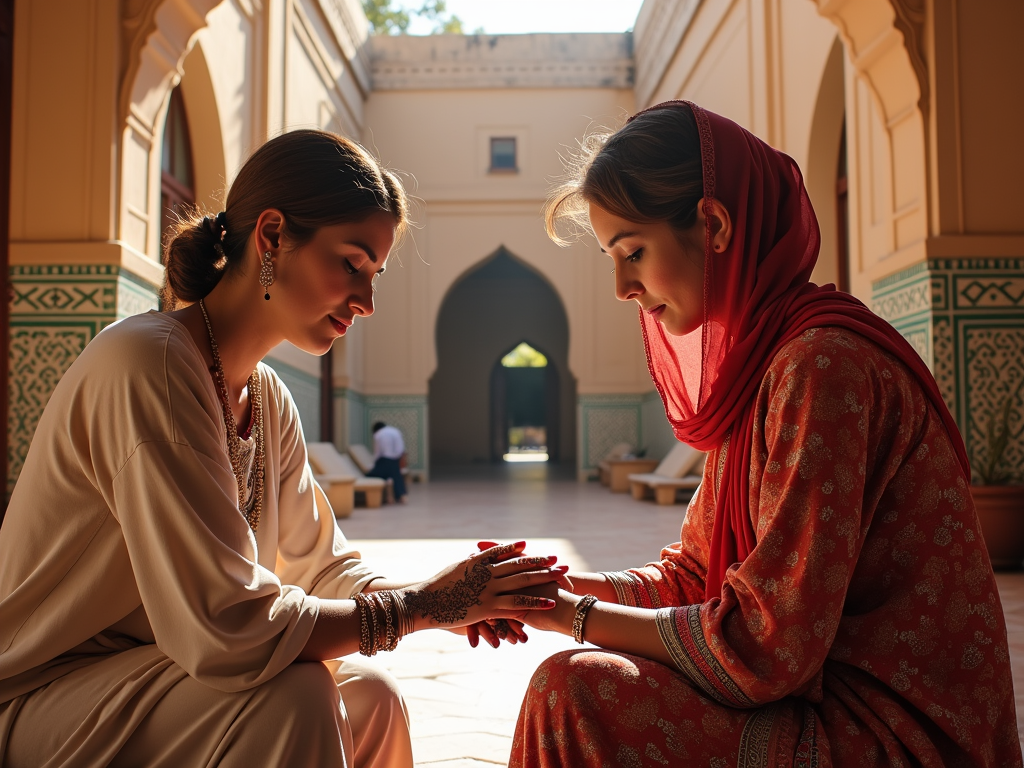 Two women in traditional attire admiring henna designs on their hands in a richly decorated courtyard.