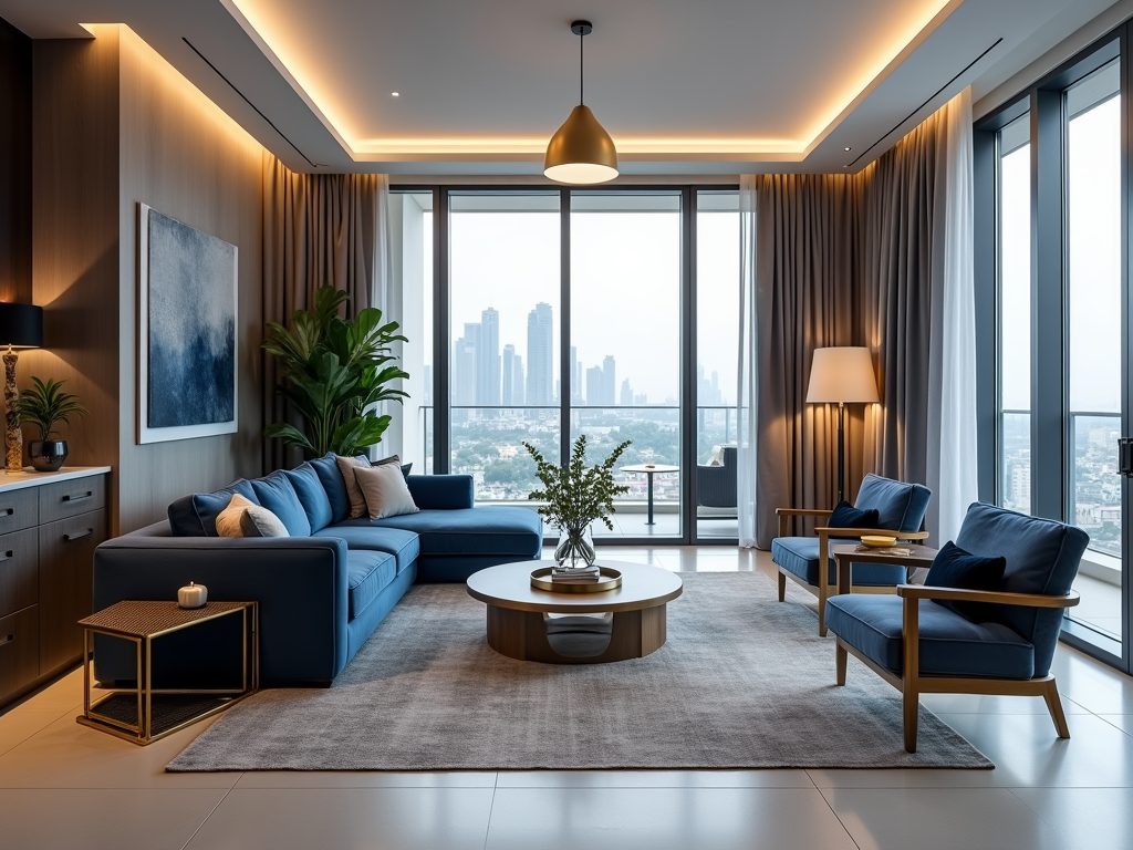 A modern living room with blue furniture, plants, and city skyline views through large windows. Soft lighting enhances the ambiance.