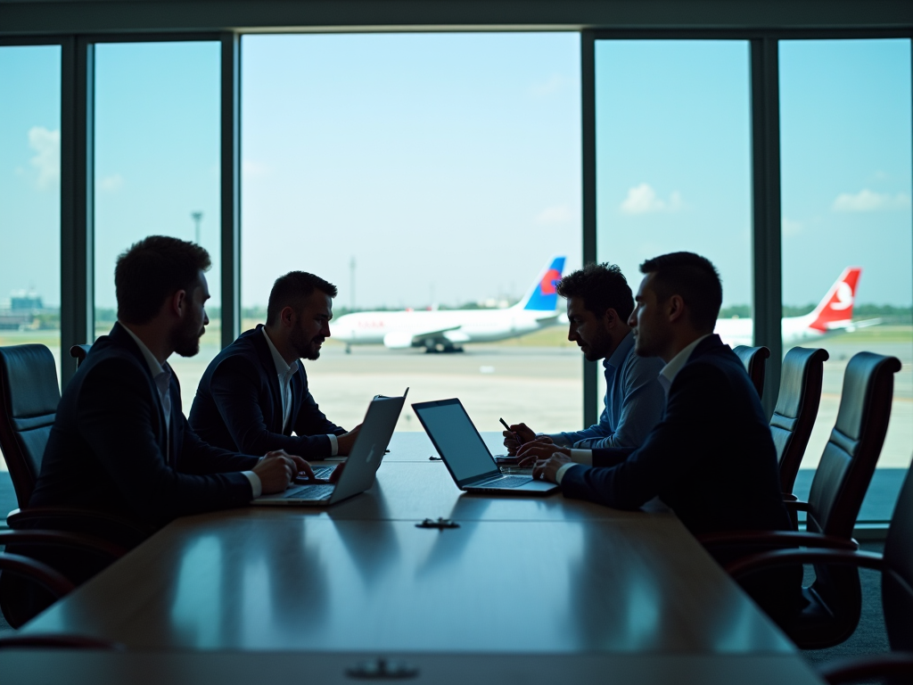 Four business professionals in a meeting at an airport with planes visible through the window.