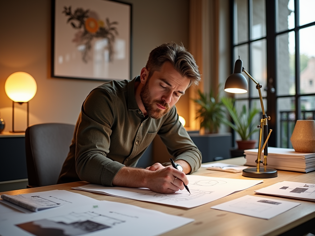 A man sketches designs at a well-lit desk surrounded by plants and documents in a cozy, modern workspace.