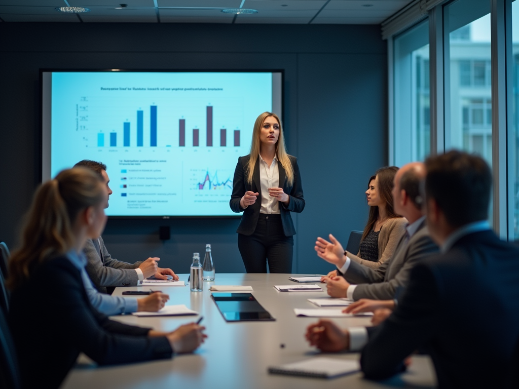 Businesswoman presenting data charts to colleagues in a conference room.