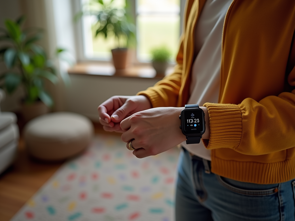 Person checking time on a smartwatch indoors, by a window with plants.