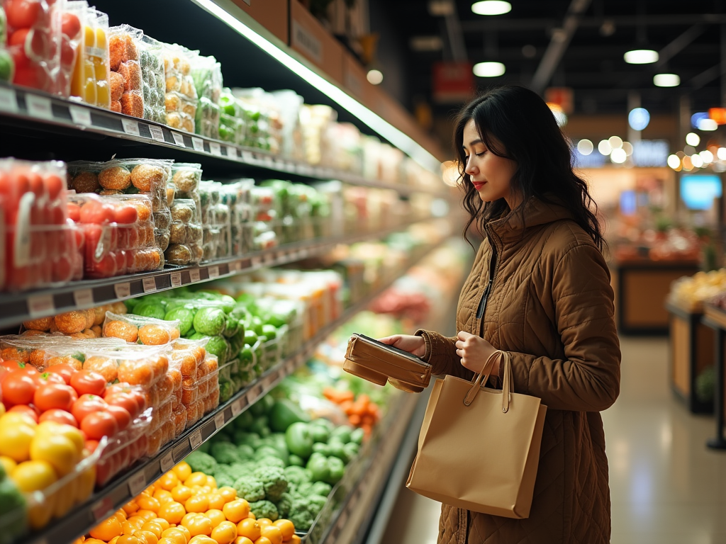 A woman in a brown coat explores fresh produce in a grocery store, holding a wallet and a shopping bag.