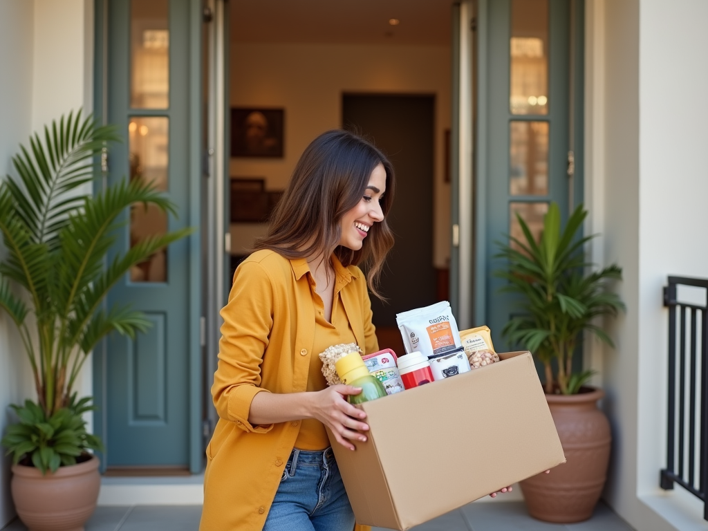 A smiling woman in a yellow shirt carries a box of groceries outside a home, with plants in the background.