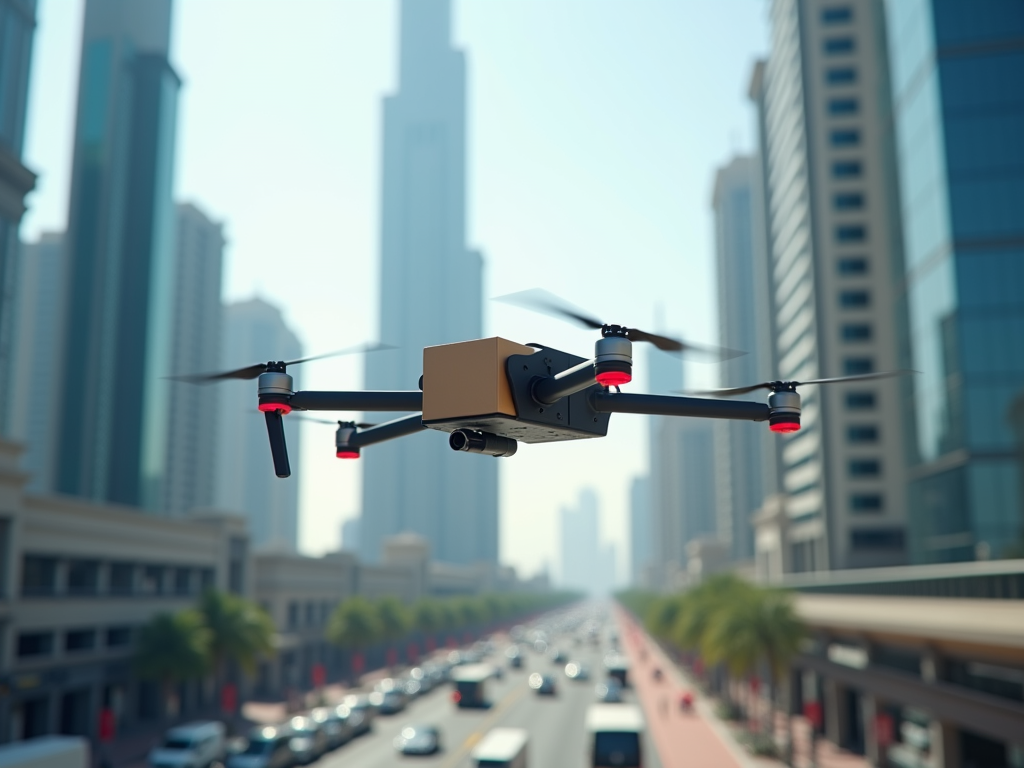 A drone flies over a busy city street lined with tall buildings and palm trees under a clear sky.