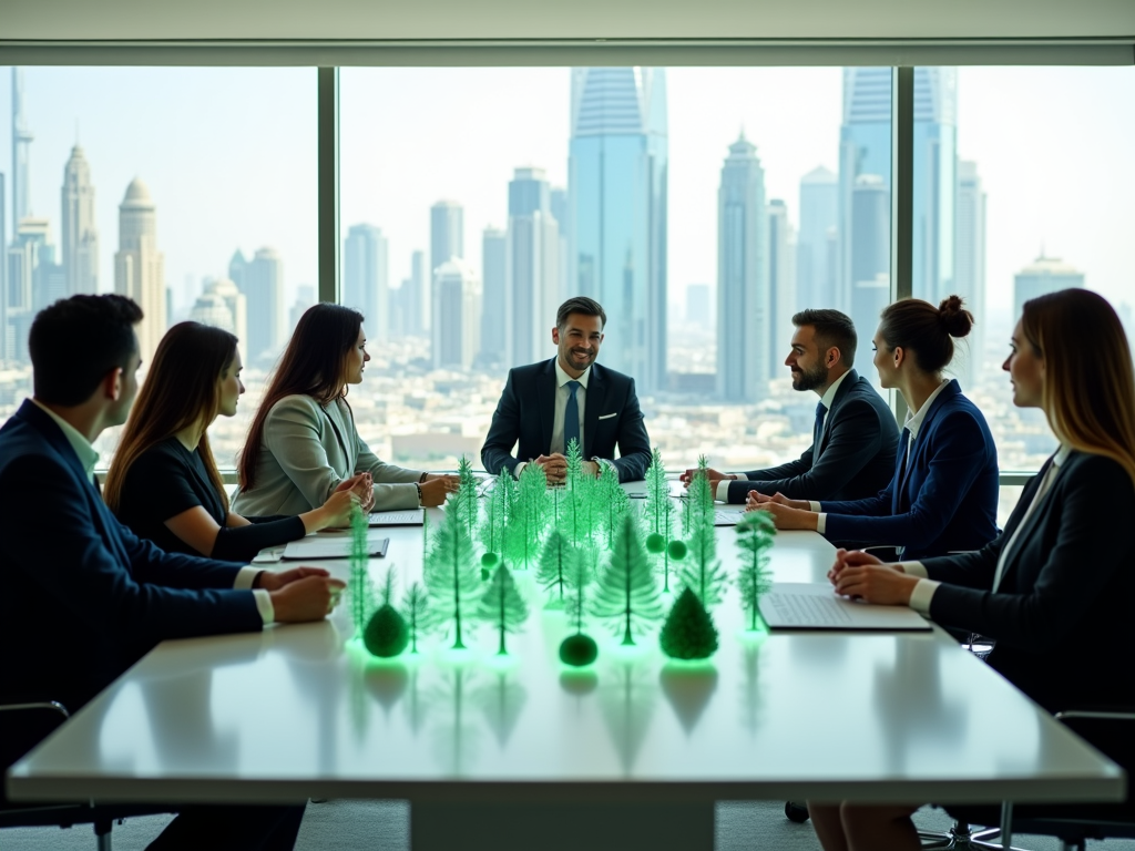 A business meeting in a modern office with a city view, featuring a green nature model on the table.