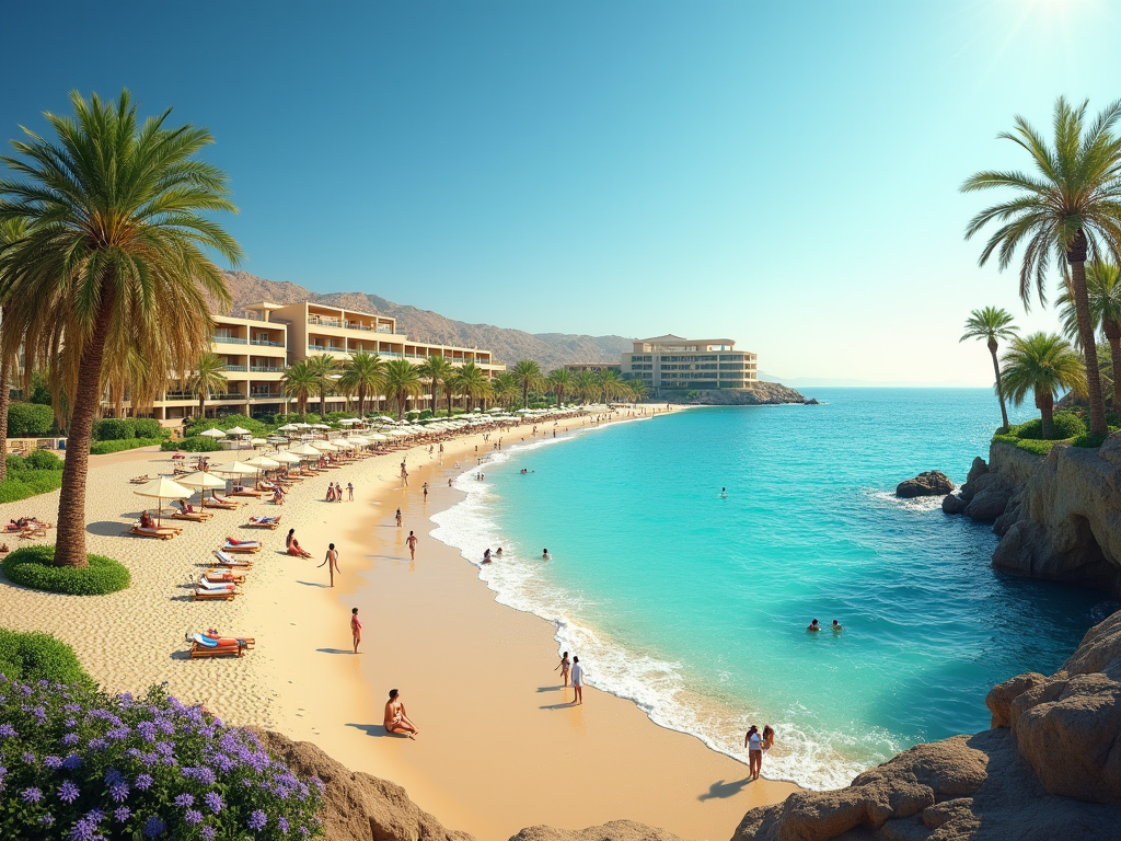 Sunlit beach resort with people enjoying a sandy beach, clear blue water, palm trees, and mountain backdrop.