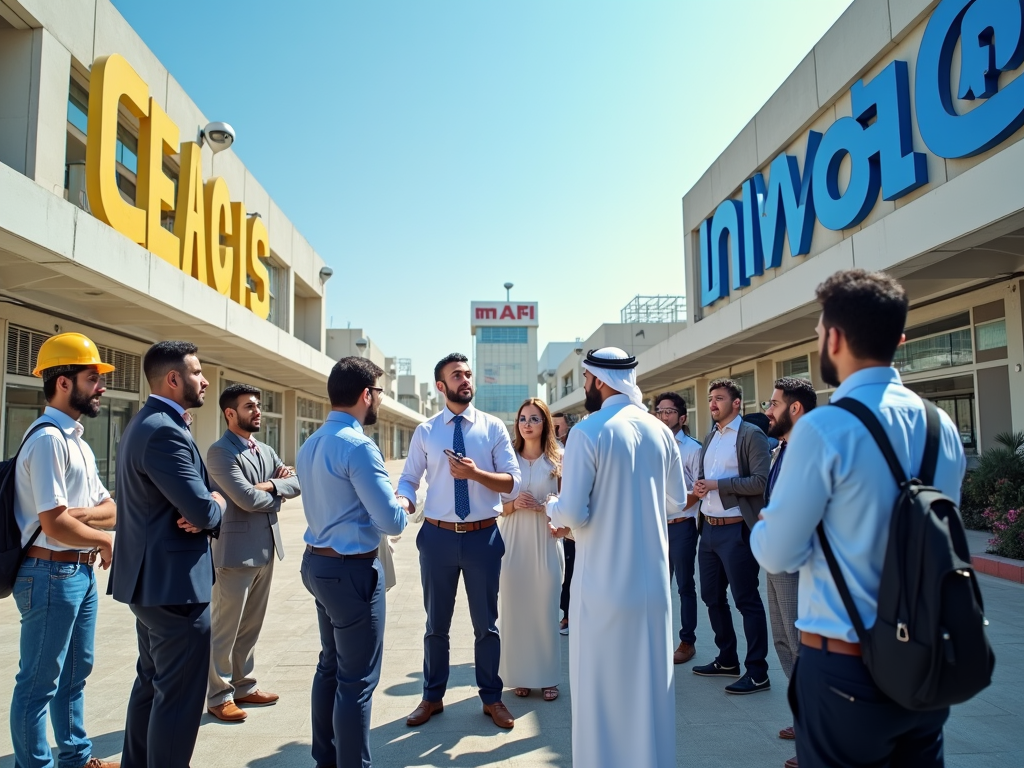 Diverse group of professionals in a discussion outside commercial buildings.