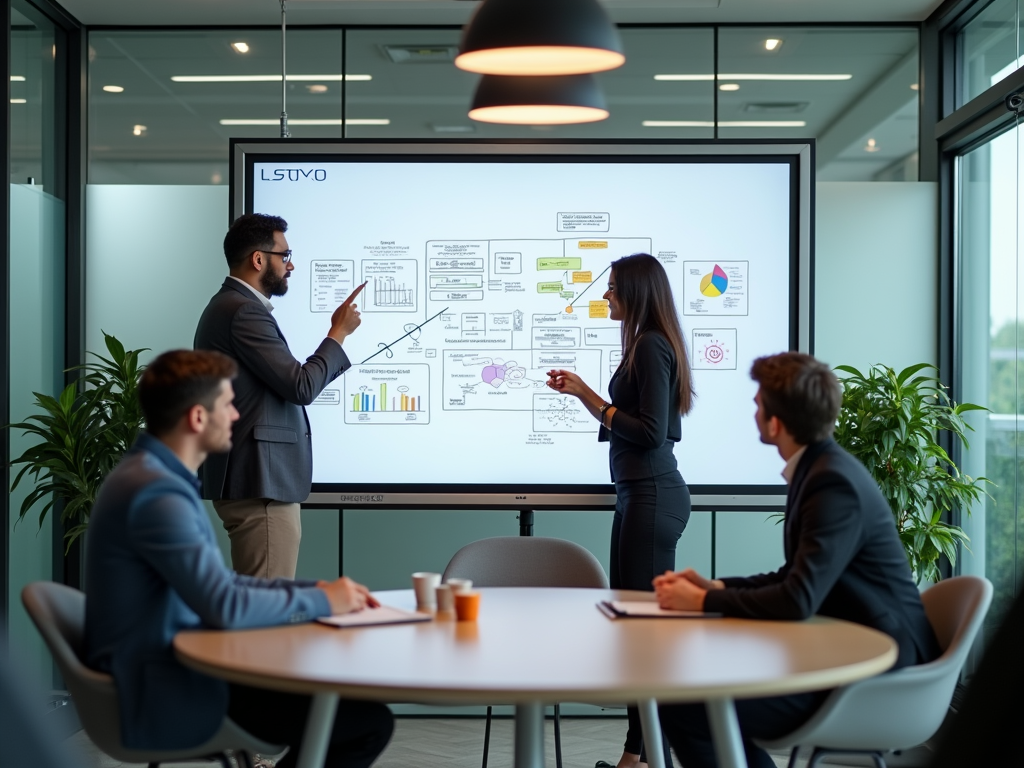 A team discusses data insights using a presentation screen in a modern conference room.