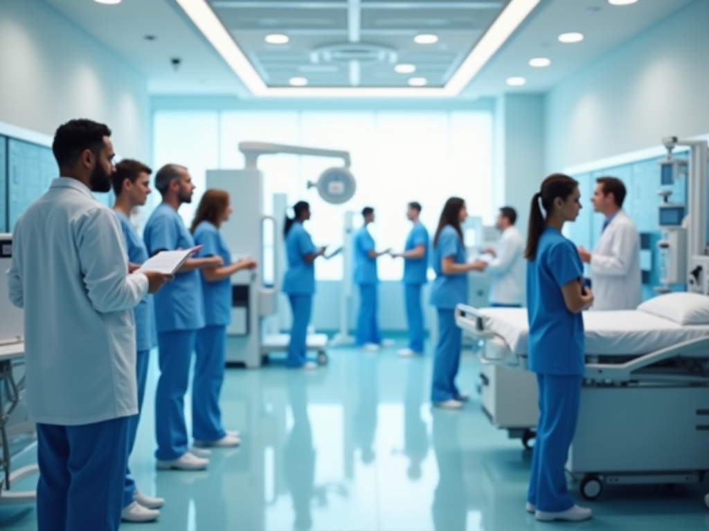 Medical staff in a hospital room, some talking and others reading notes, all wearing blue scrubs.