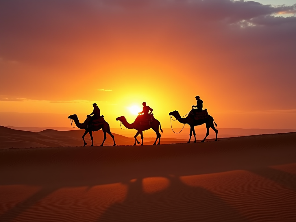 Silhouettes of three riders on camels against a vibrant sunset in the desert.