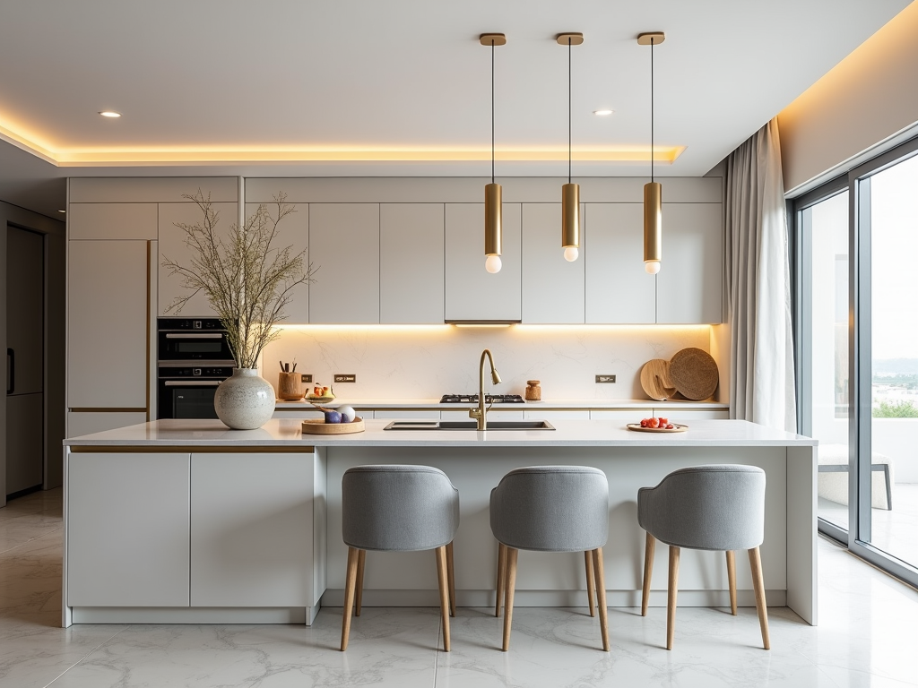 A modern kitchen featuring minimalist design, gold accents, and a large island with three gray chairs and decorations.